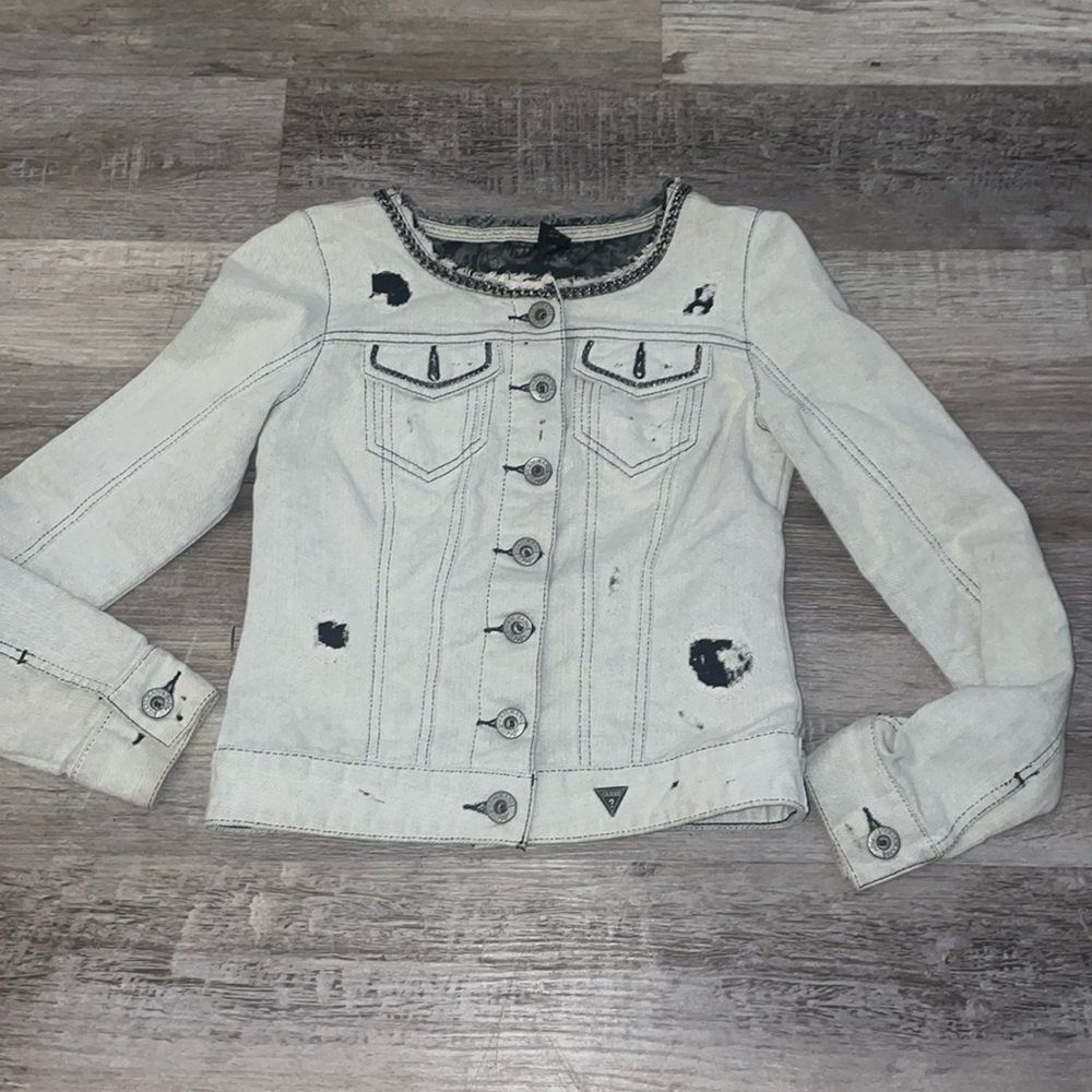 Guess jeans grey and black chain distressed jeans jacket size small